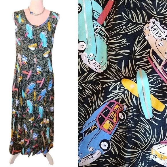 Vintage 90s RARE Hawaiian Classic Cars Printed Sleeveless Maxi Dress Large - Picture 1 of 16